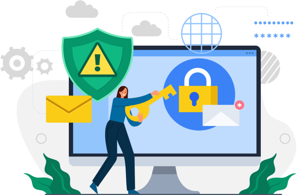 Cybersecurity concept with woman unlocking protected computer system